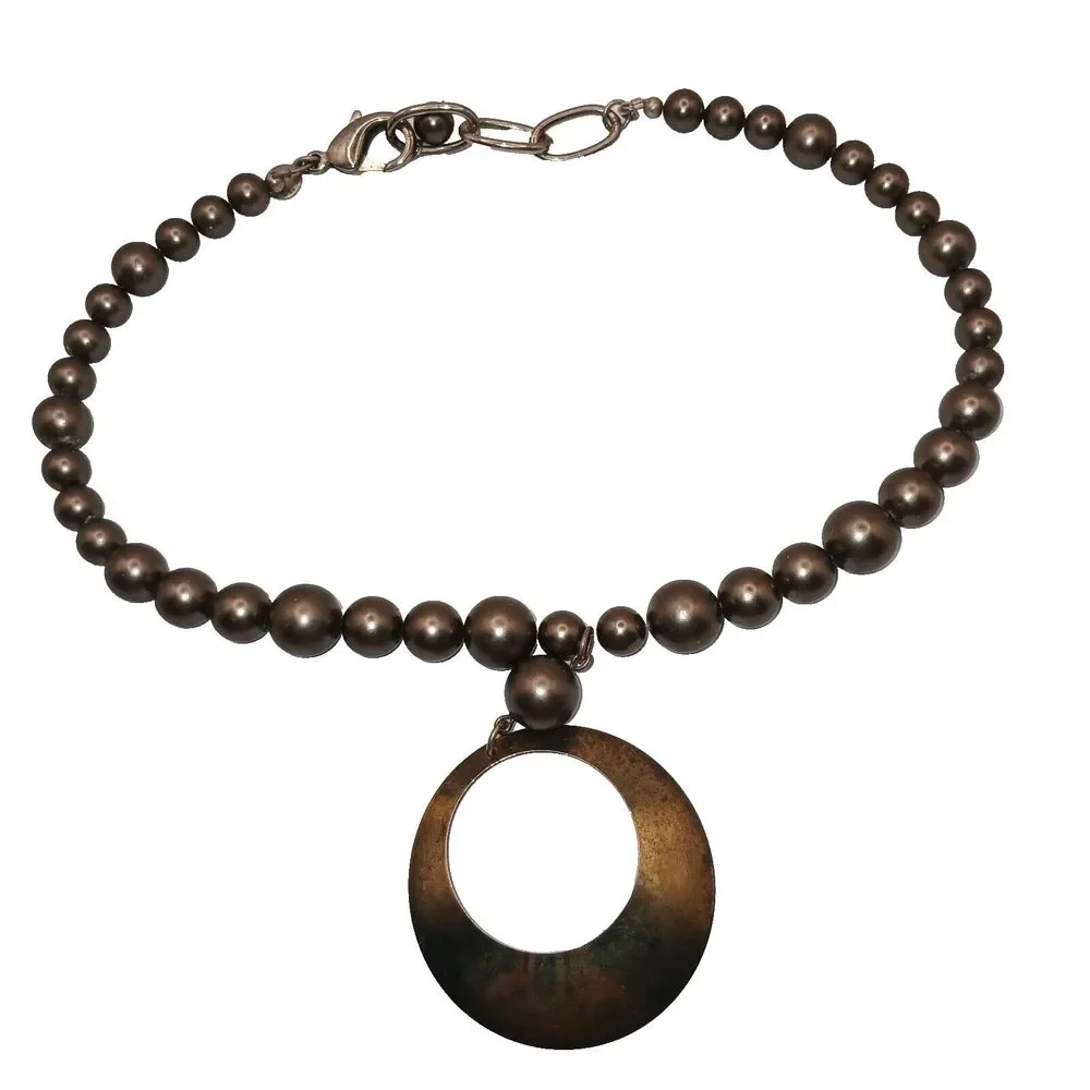 Emily Ray Bronze Tone Beaded Pendant Necklace Antique Gold Tone Signed 17 inches